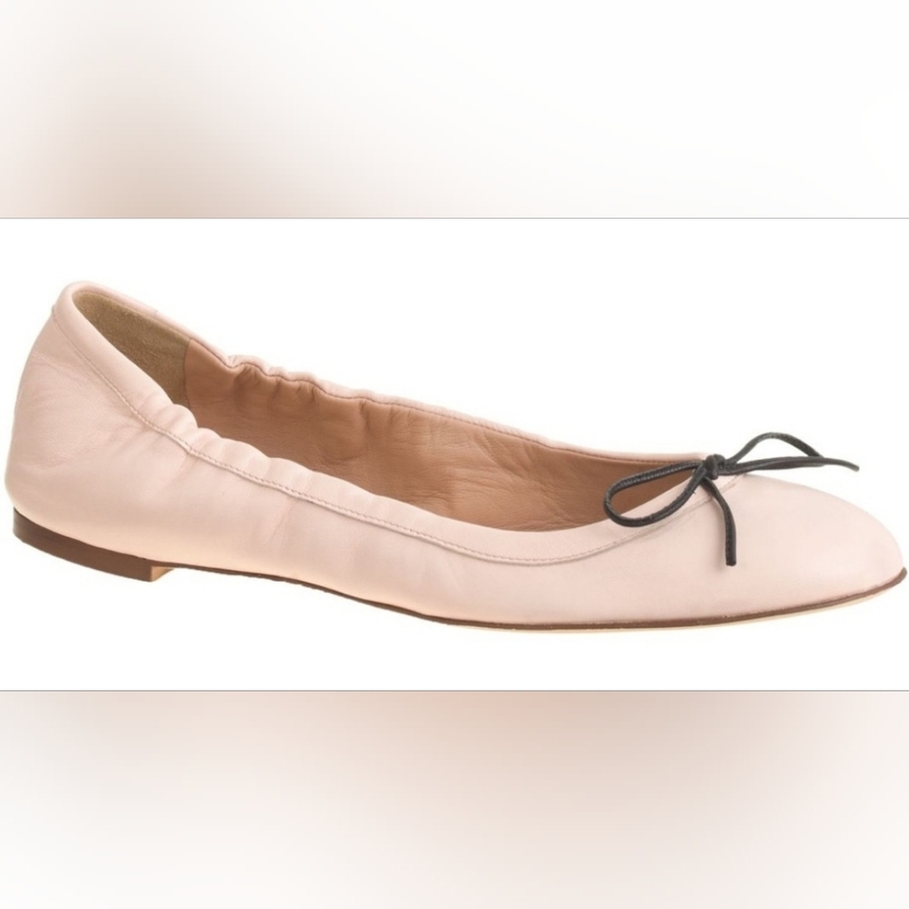J. Crew Blush Leather Ballet Flat with Black Bow Accent
